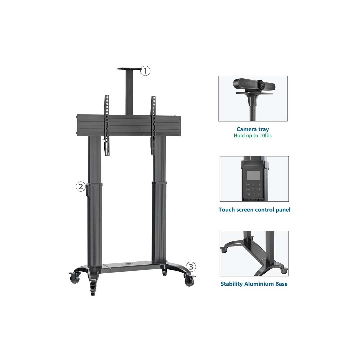 NBMounts Heavy Duty Motorized TV Trolley - TW100 - Supports up to 110'' & 136Kg Max Height 1.7m