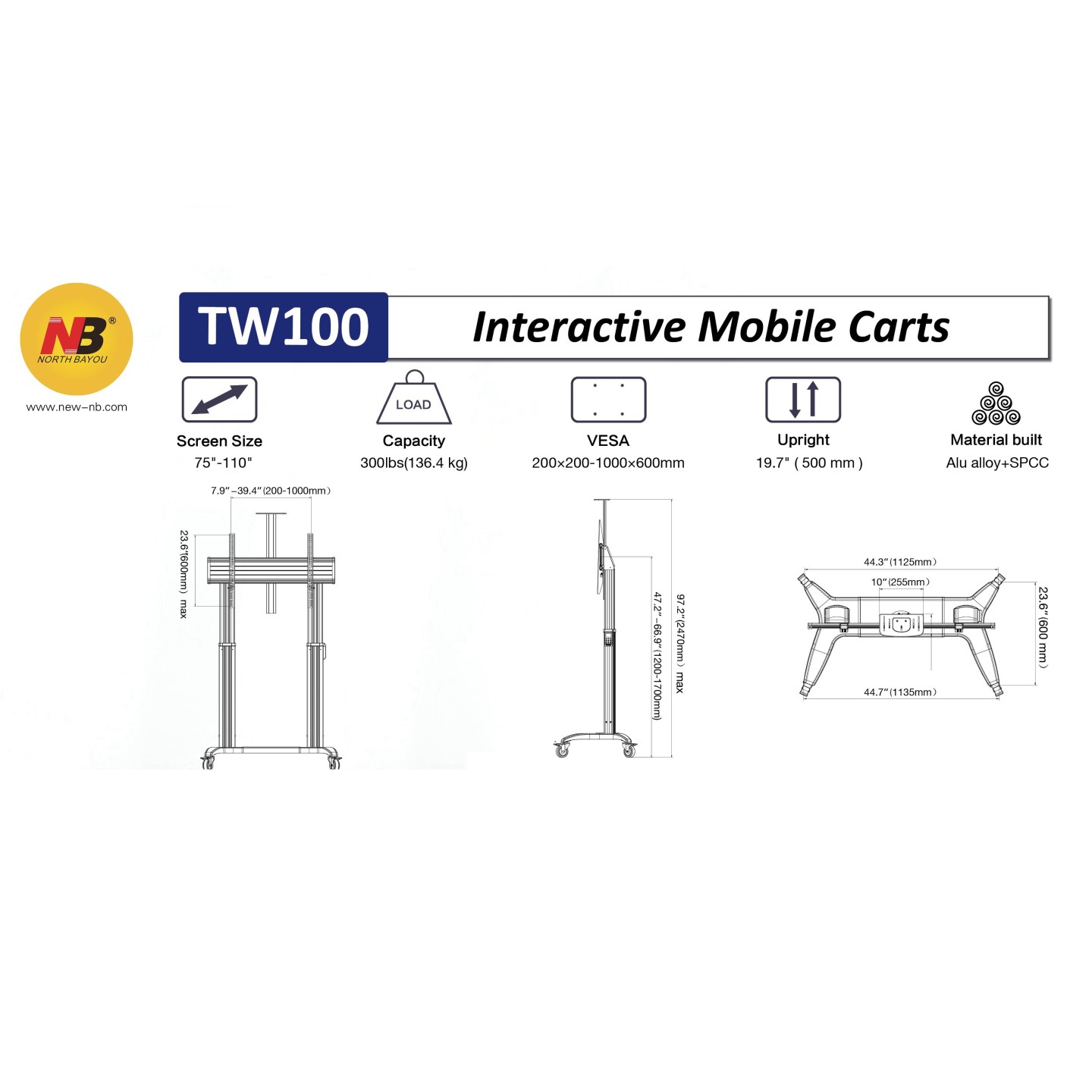 NBMounts Heavy Duty Motorized TV Trolley - TW100 - Supports up to 110'' & 136Kg Max Height 1.7m