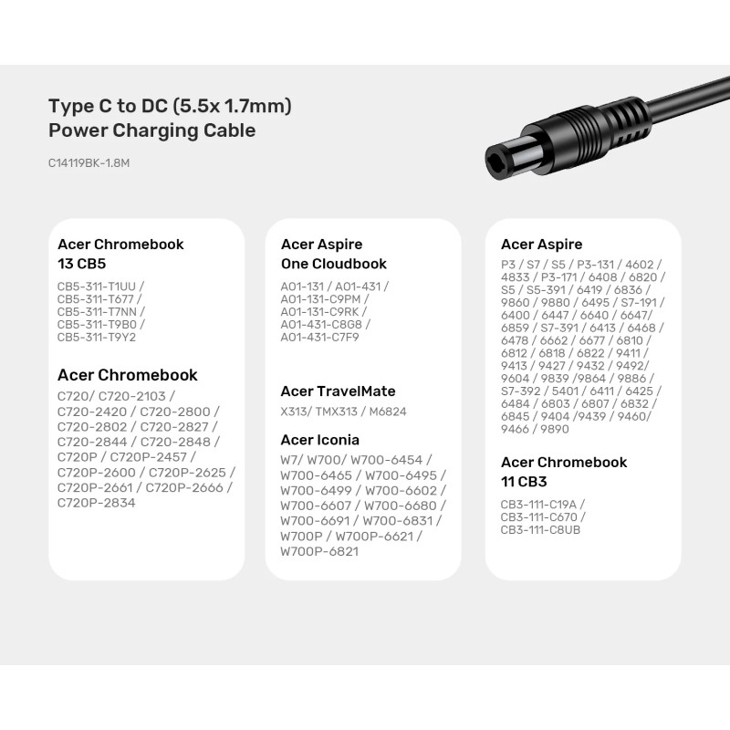 Buy Unitek UCL USB-C to DC Cable 1.8m 65W for Acer 5.5 1.7mm - C14119BK - Unitek... in Cyprus, Nicosia, Limassol, Larnaka, Pafos