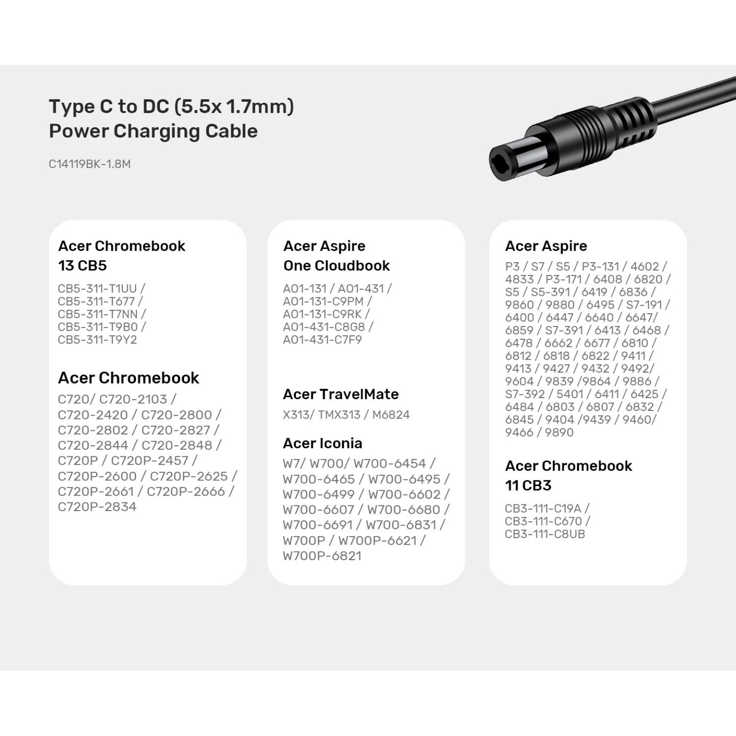 Unitek UCL USB-C to DC Cable 1.8m 65W for Acer 5.5 1.7mm - C14119BK - Unitek UCL USB-C to DC Cable 1.8m 65W for Acer 5.5 1.7mm