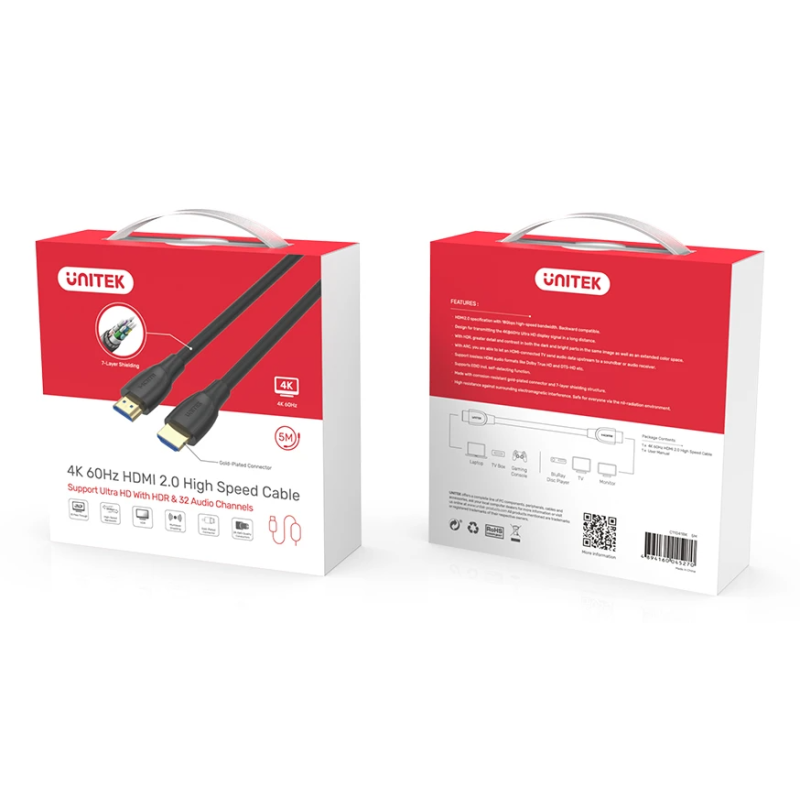 Buy Unitek HDMI 2.0 Cable 4K HDR & ARC (Full Copper) 5.0m Black - C11041BK - HDM... in Cyprus, Nicosia, Limassol, Larnaka, Pafos