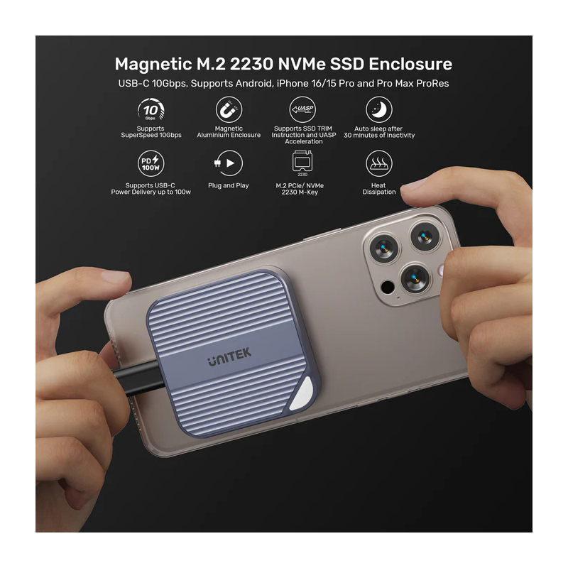 Buy Unitek USB-C NVME PCIe M2 2230 Magnetic SSD Enclosure - S1244A - 10Gbps PD100W in Cyprus, Nicosia, Limassol, Larnaka, Pafos