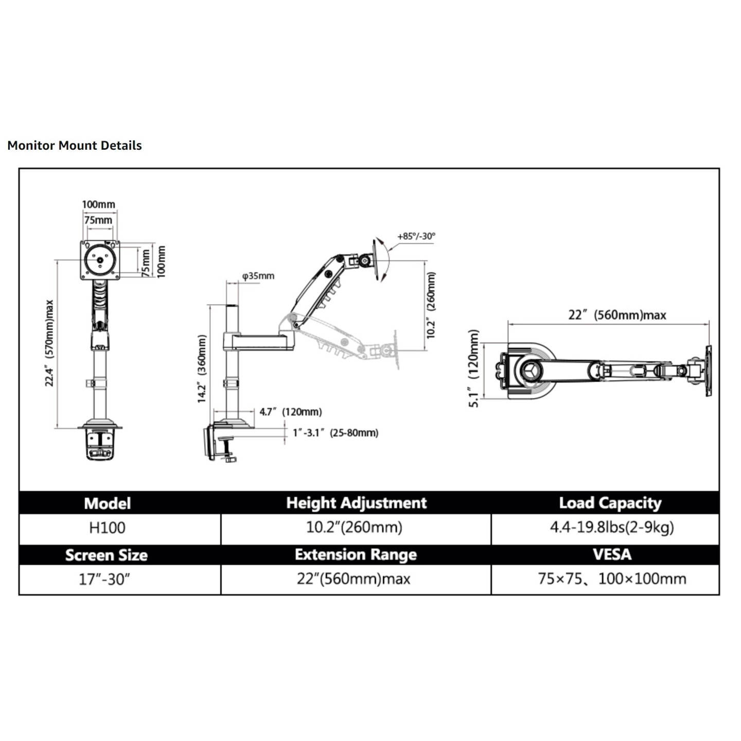 North Bayou NB H100 Single Arm Gas Spring Monitor Mount 22-35" (Retail) — Buy in Cyprus with Fast Delivery