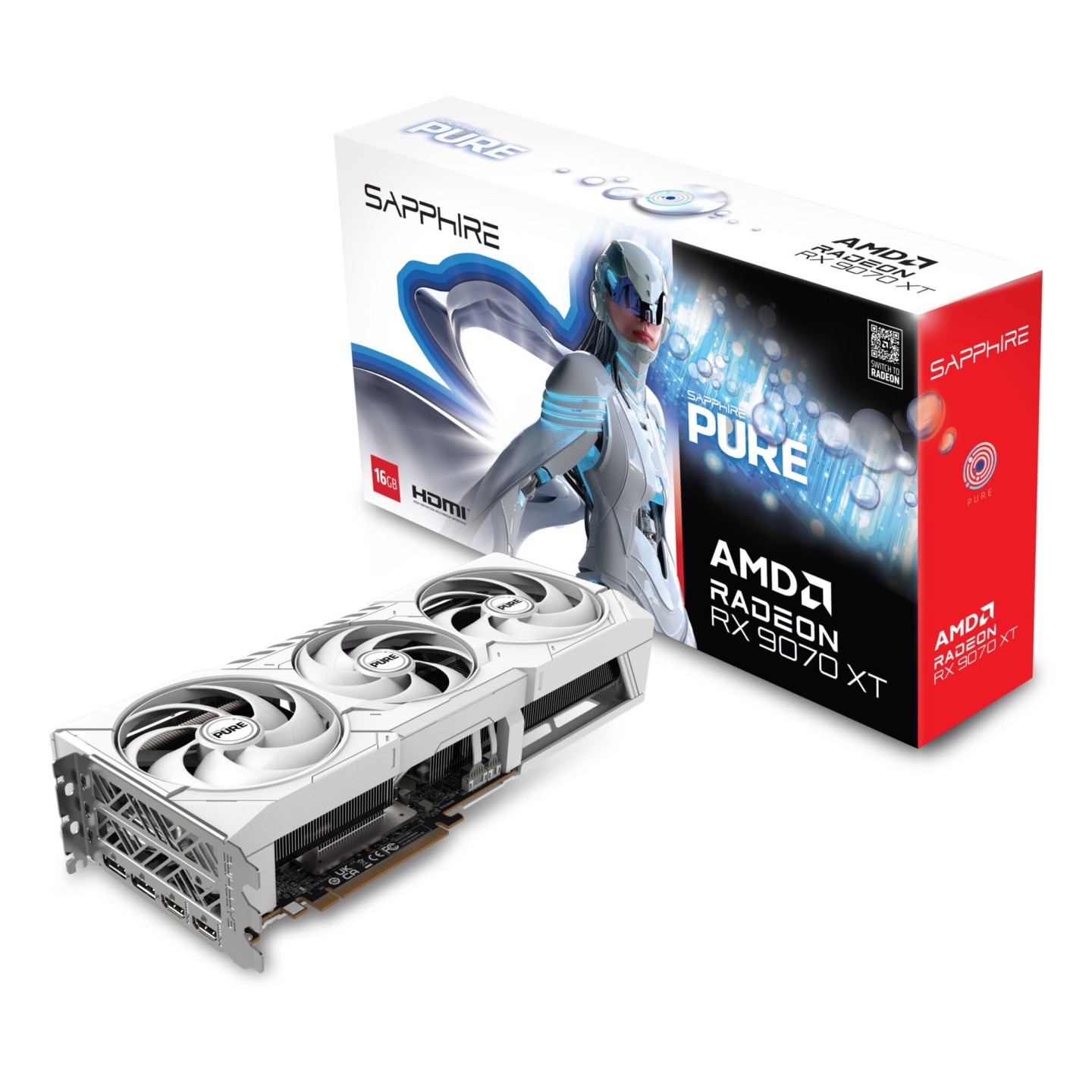 Sapphire PURE Radeon RX 9070 XT - 16GB GDDR6 - 3010 MHz Boost - White Tri-X 3-Fan OC (UEFI) (Boxed)