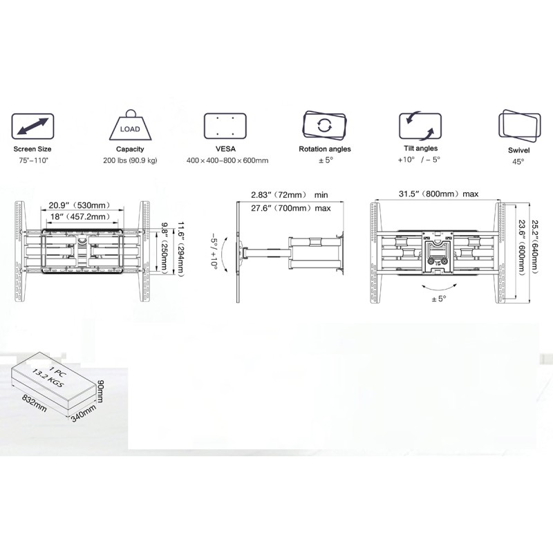 Buy NBMounts TV Wall Mount - SP5 - 80x60 Turn 4x Arms 90kg in Cyprus, Nicosia, Limassol, Larnaka, Pafos
