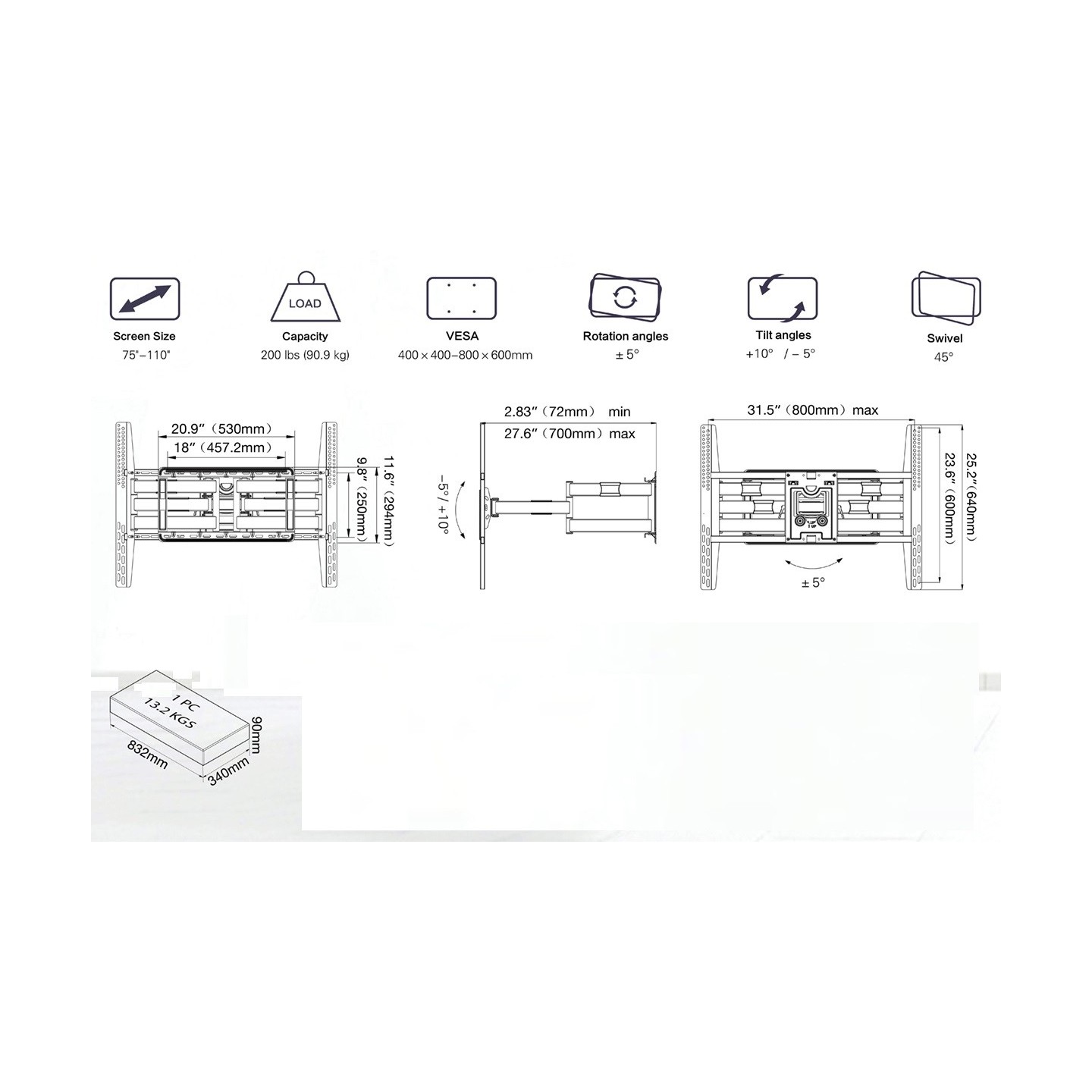 NBMounts TV Wall Mount - SP5 - 80x60 Turn 4x Arms 90kg — Buy in Cyprus with Fast Delivery