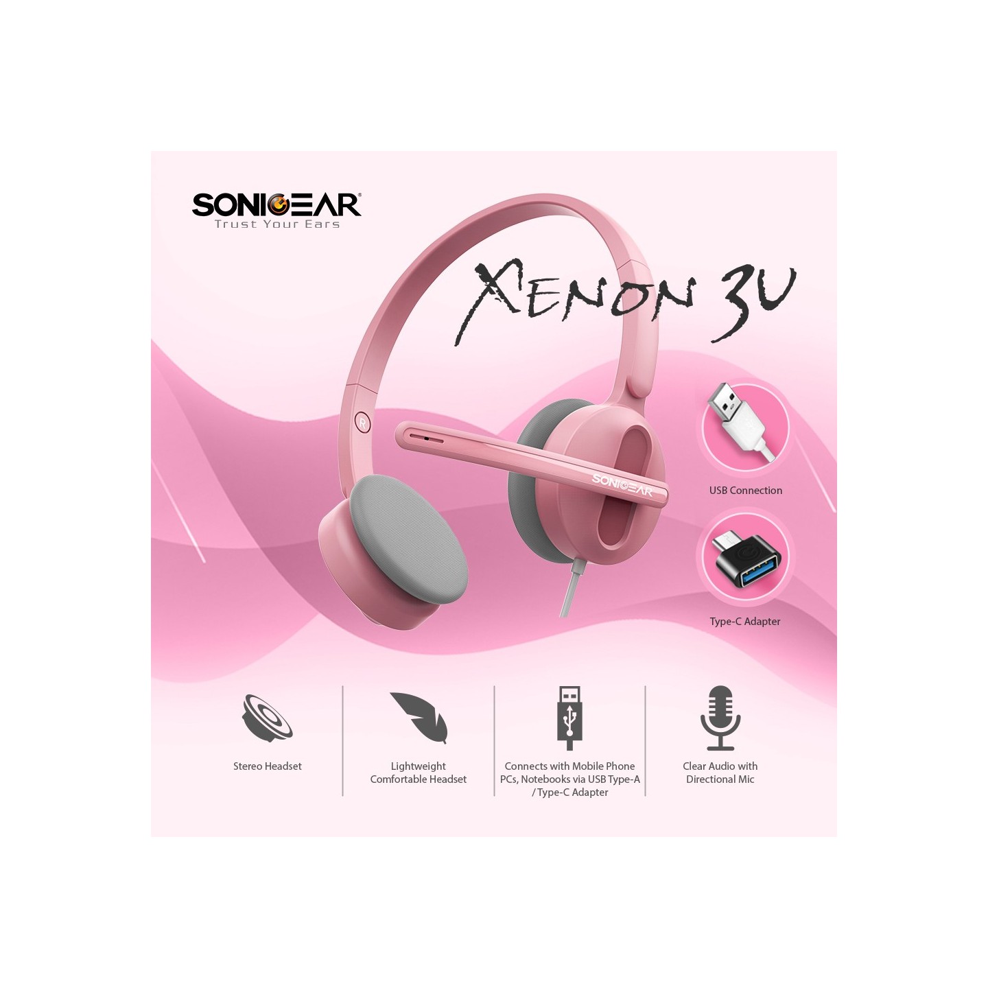 SonicGear Xenon 3U USB Type A&C Pink Headset (Boxed) — Buy in Cyprus with Fast Delivery