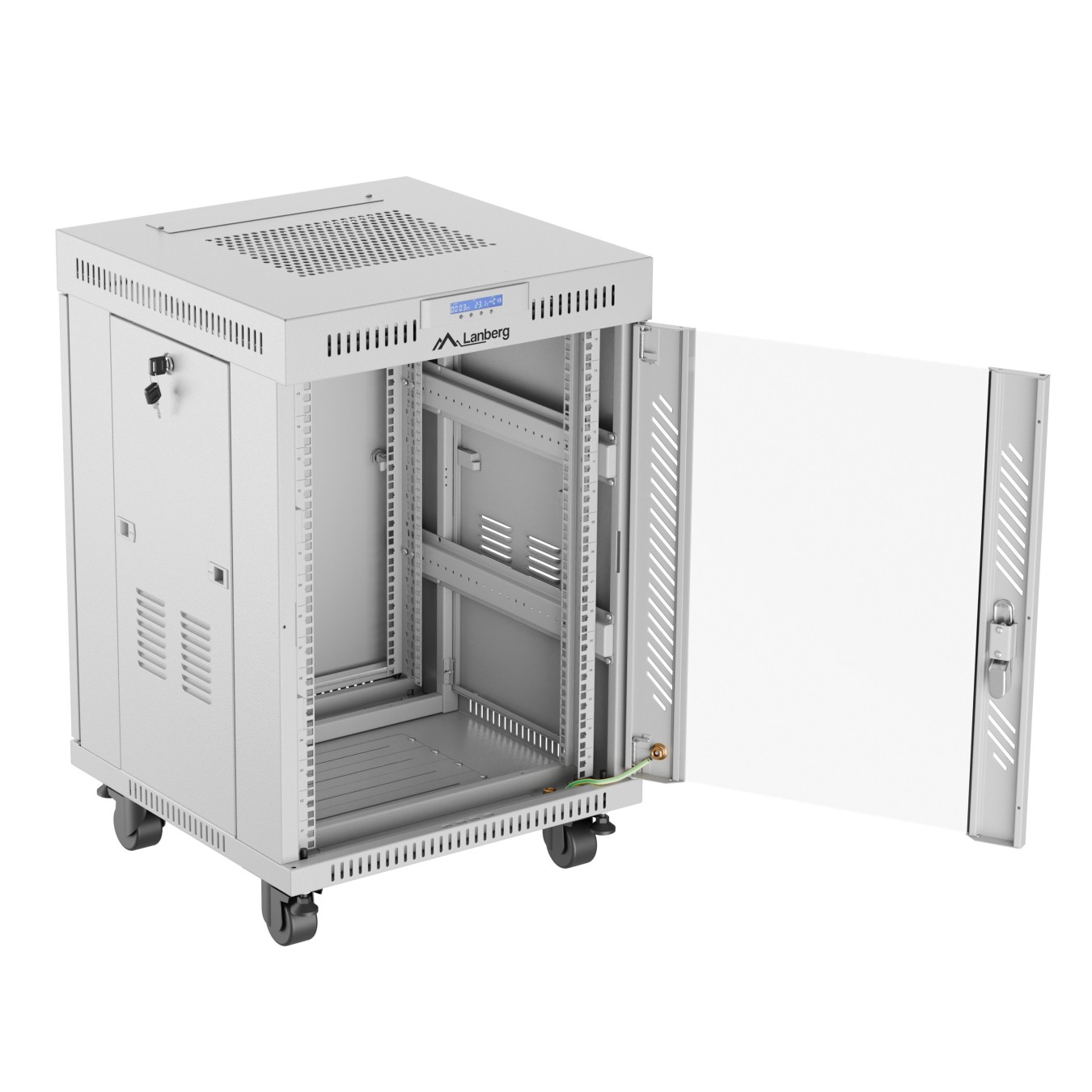 Lanberg Free Standing Cabinet 19'' with Glass Door - 15U, 60cm Ventilation Panel with LCD, 2 Fans & Thermostat Grey