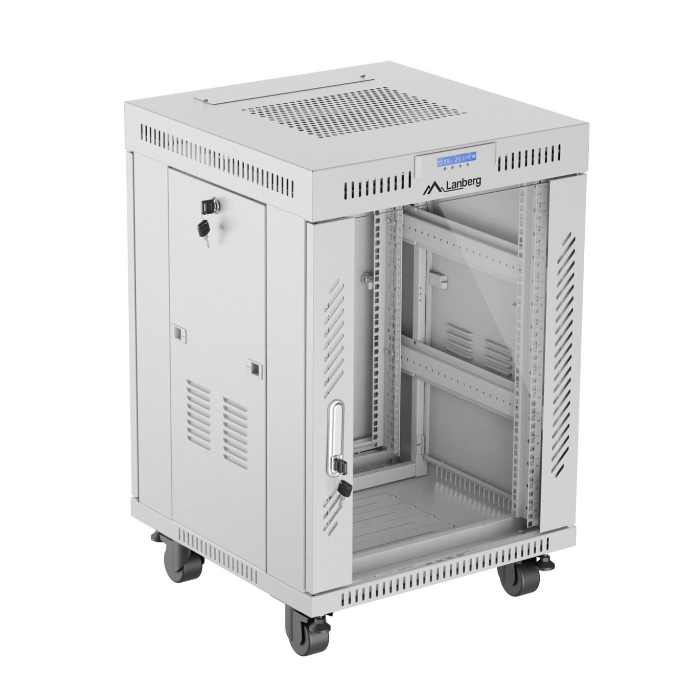 Lanberg Free Standing Cabinet 19'' with Glass Door - 15U, 60cm Ventilation Panel with LCD, 2 Fans & Thermostat Grey