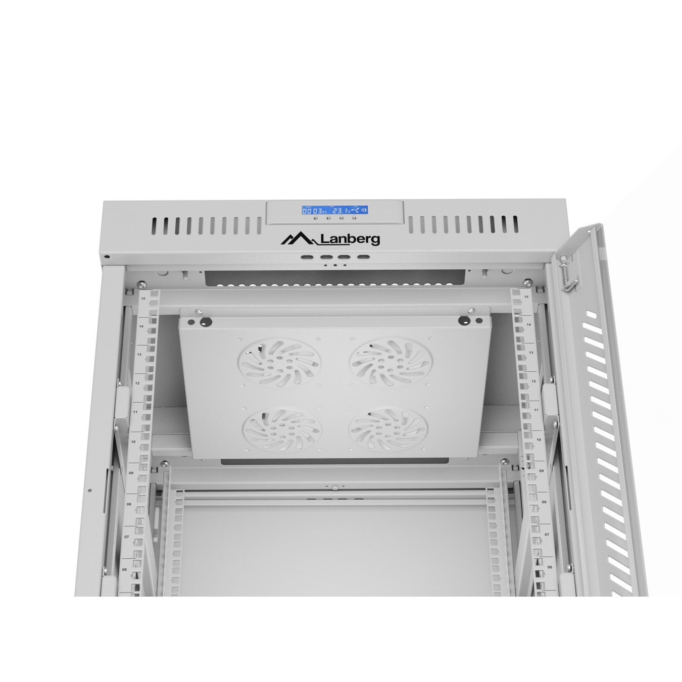 Lanberg Free Standing Cabinet 19'' with Glass Door - 15U, 60cm Ventilation Panel with LCD, 2 Fans & Thermostat Grey