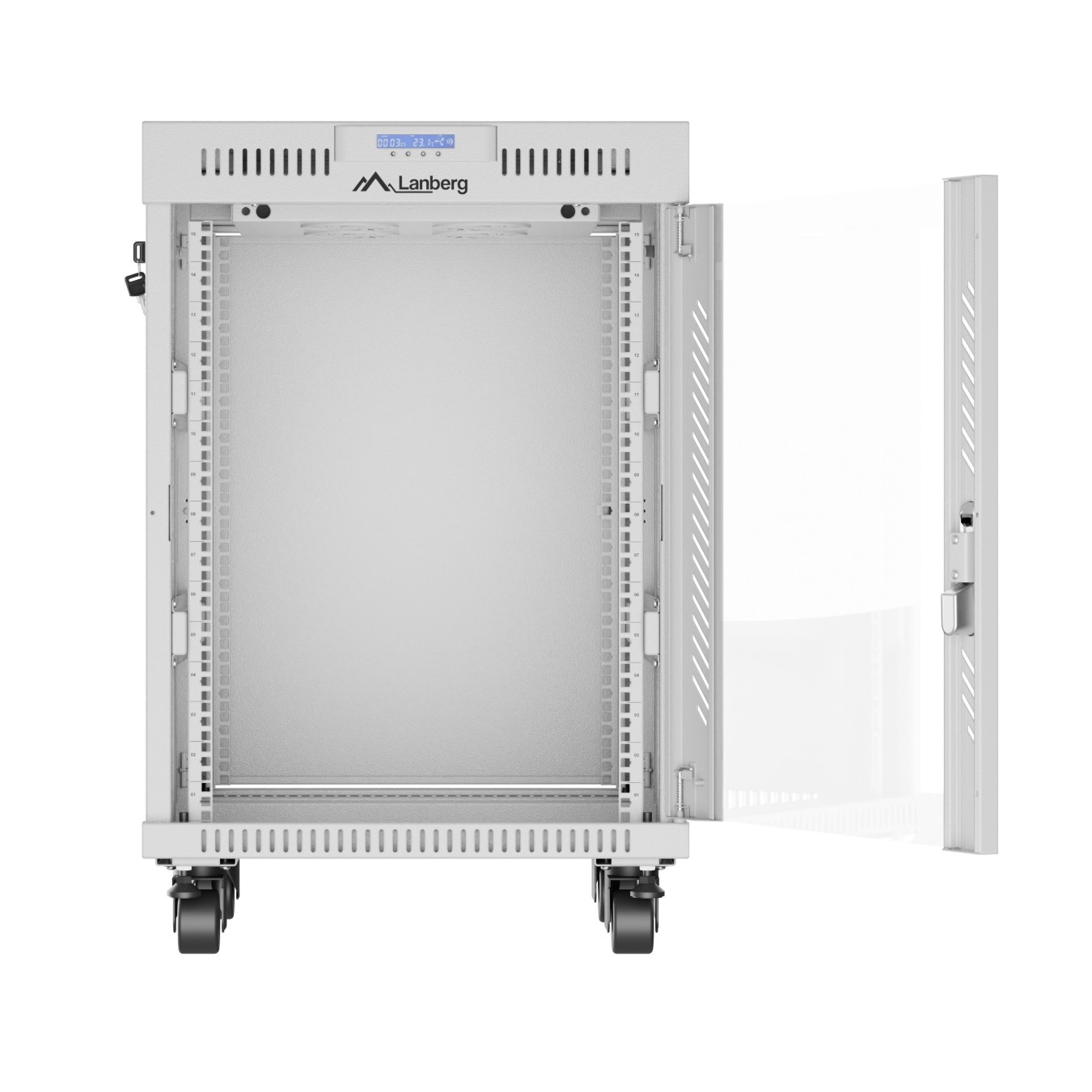 Lanberg Free Standing Cabinet 19'' with Glass Door - 15U, 60cm Ventilation Panel with LCD, 2 Fans & Thermostat Grey