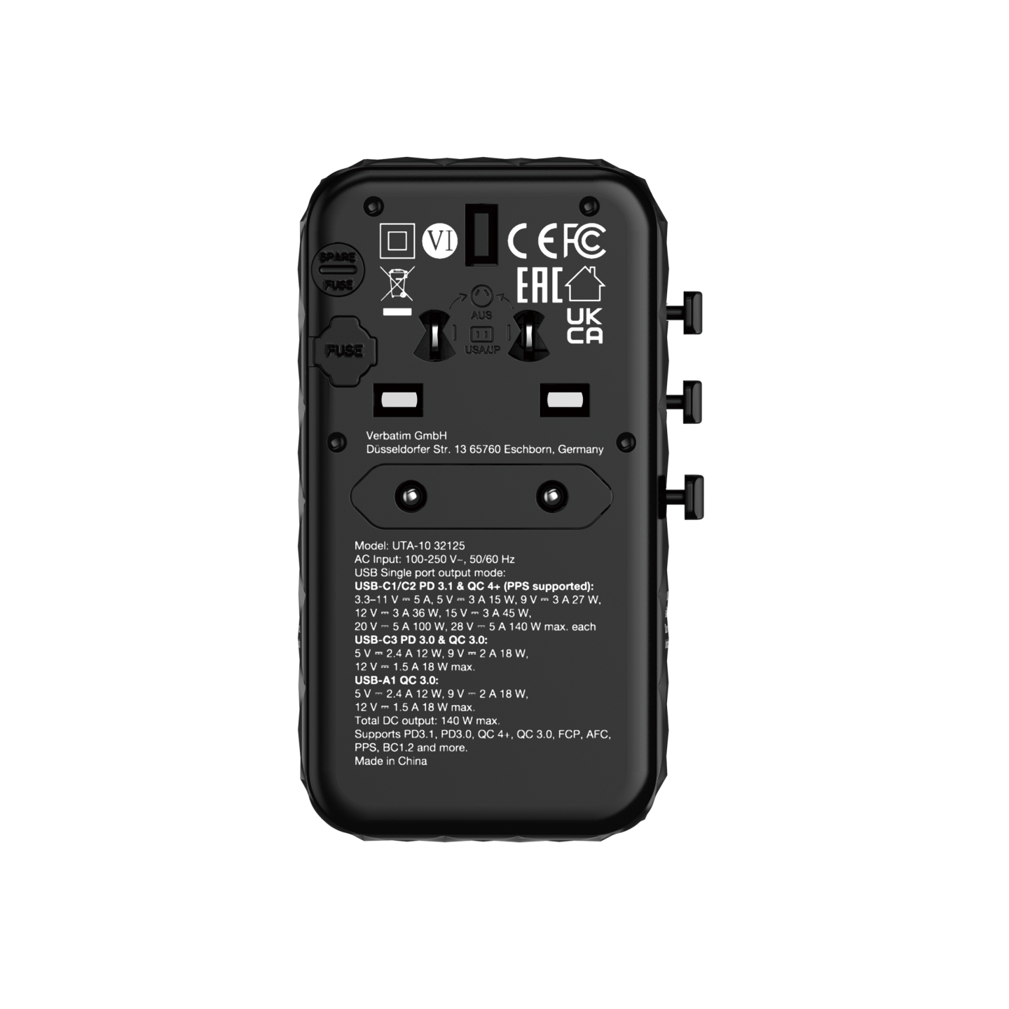 Verbatim Charger Travel Adapter World to World GAN III 140W 2xC 2xA - UTA-10 - World to World GAN III 140W 2xC 2xA