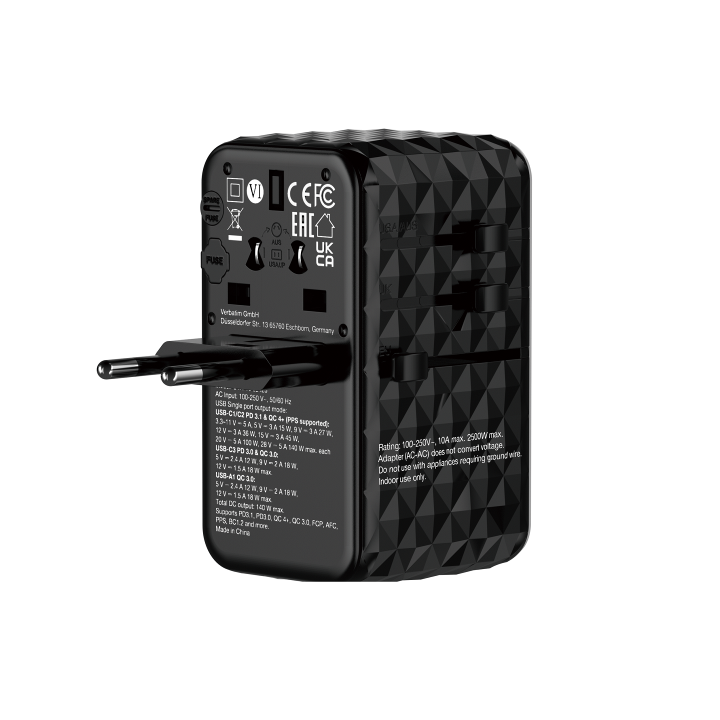 Verbatim Charger Travel Adapter World to World GAN III 140W 2xC 2xA - UTA-10 - World to World GAN III 140W 2xC 2xA