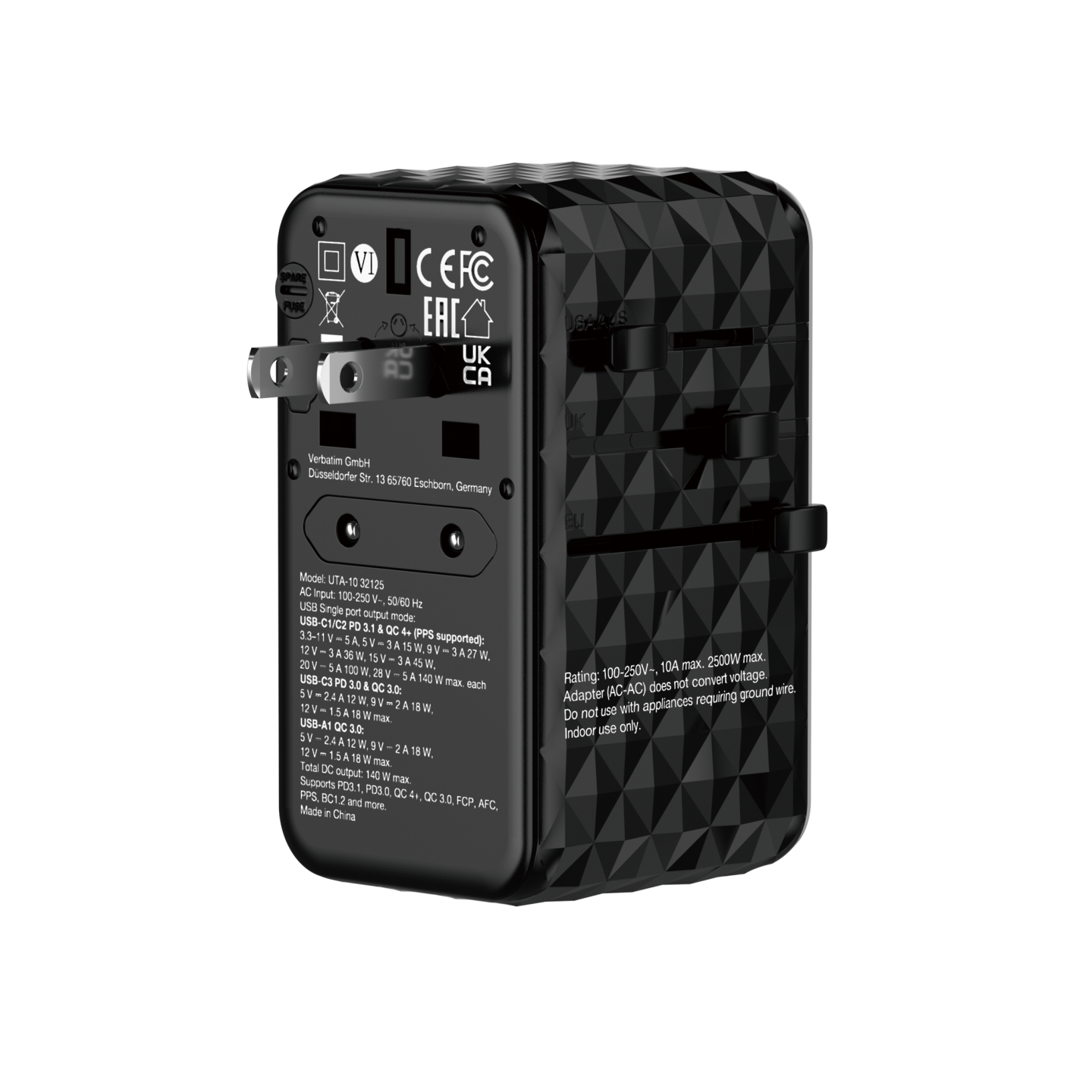 Verbatim Charger Travel Adapter World to World GAN III 140W 2xC 2xA - UTA-10 - World to World GAN III 140W 2xC 2xA