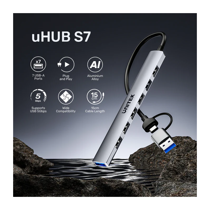 Buy Unitek USB-A Hub - H1209A - 7-Port USB2.0 with 0.15m cable in Cyprus, Nicosia, Limassol, Larnaka, Pafos