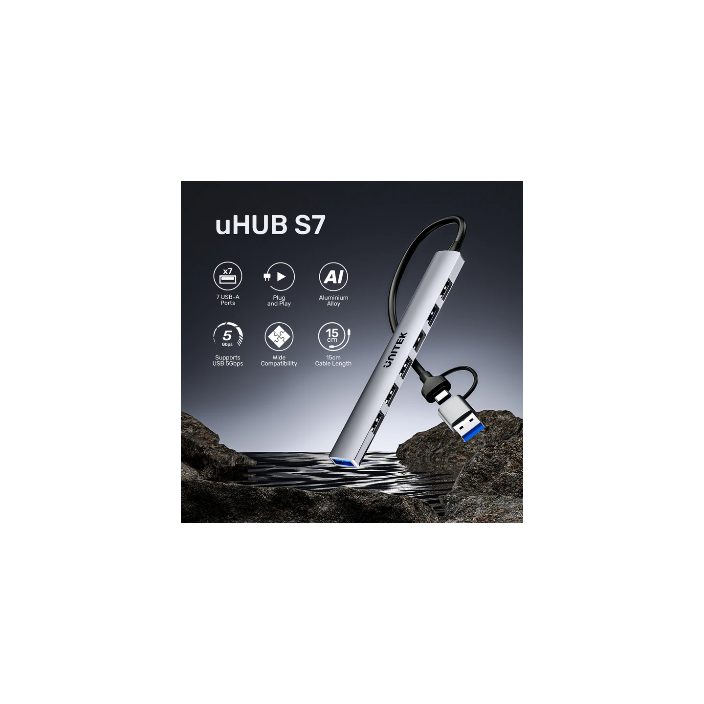 Unitek uHUB S7 H1209A 7-Port USB 5Gbps Hub | USB-C to 7x USB-A — Armenius Store Cyprus