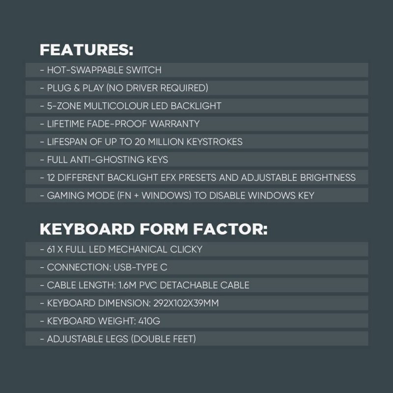 Buy Armaggeddon MKA-1C NEX Black Mechanical Gaming Keyboard 61 Tactile (Brown) Keys in Cyprus, Nicosia, Limassol, Larnaka, Pafos