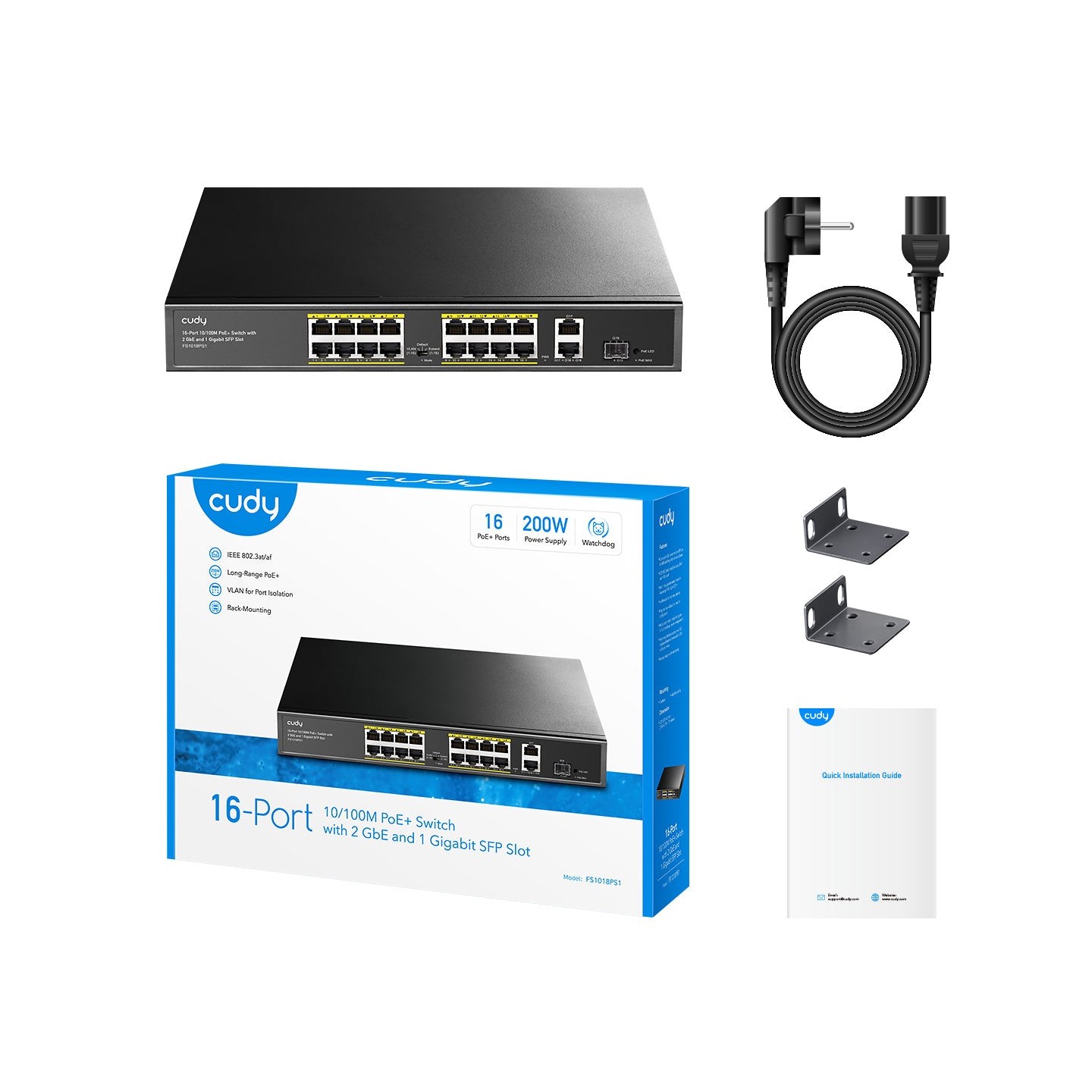 Cudy Switch PoE FE 16PoE + 2GbE + 1SFP Uplink 200W RM - FS1018PS1 - Cudy Switch PoE FE 16PoE + 2GbE + 1SFP Uplink 200W RM