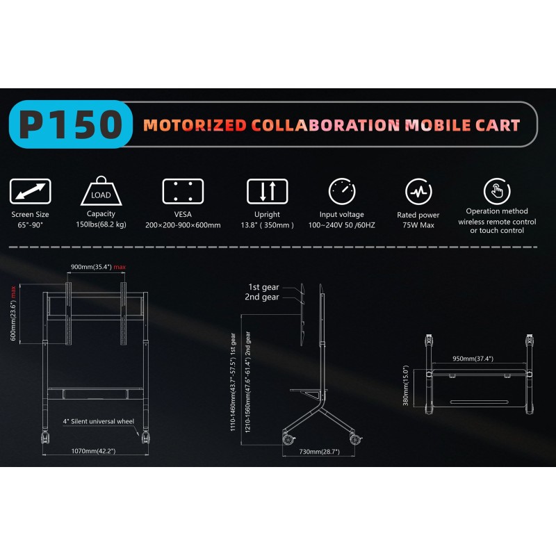 Buy NBMounts Motorized Trolley - P150 - Adjustable up to 1.5m VESA 90x60 up to 9... in Cyprus, Nicosia, Limassol, Larnaka, Pafos