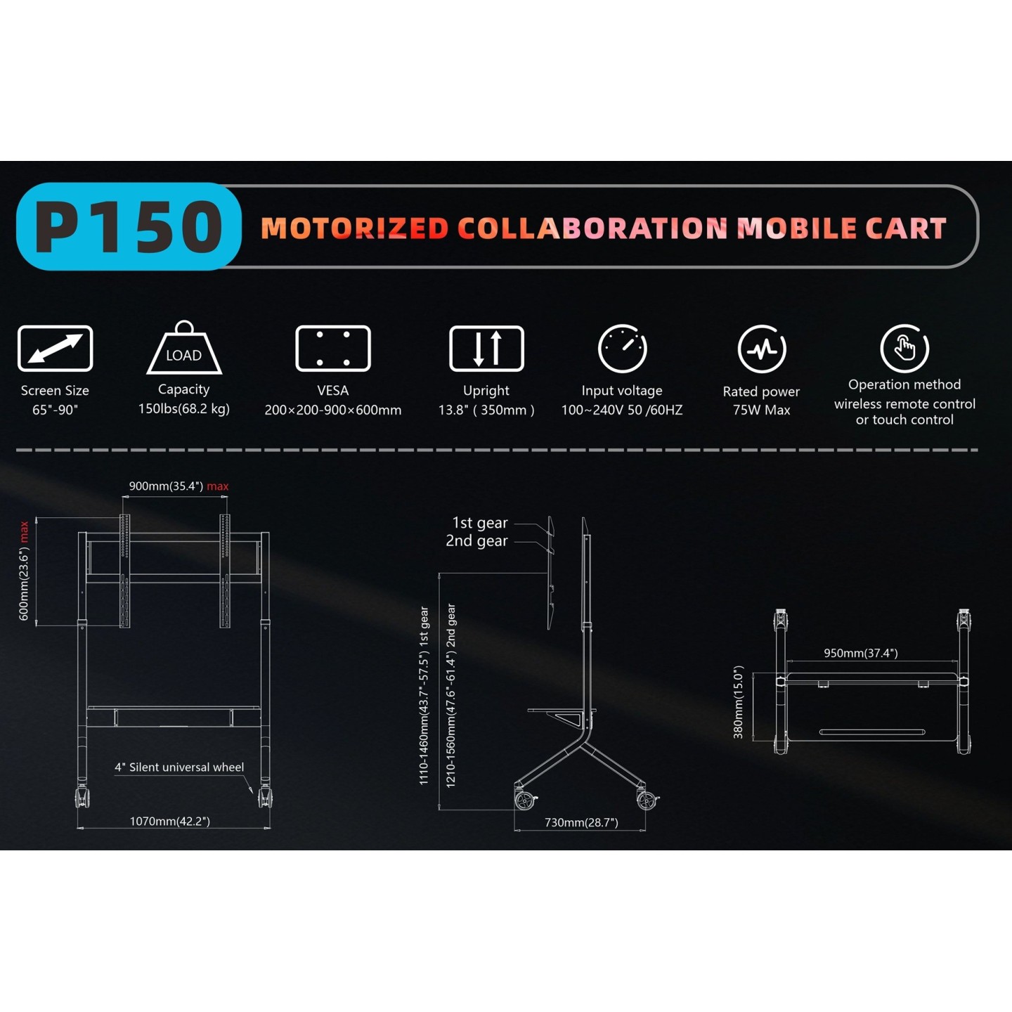 NBMounts Motorized Trolley - P150 - Adjustable up to 1.5m VESA 90x60 up to 90'' & 68kg — Buy in Cyprus with Fast Delivery