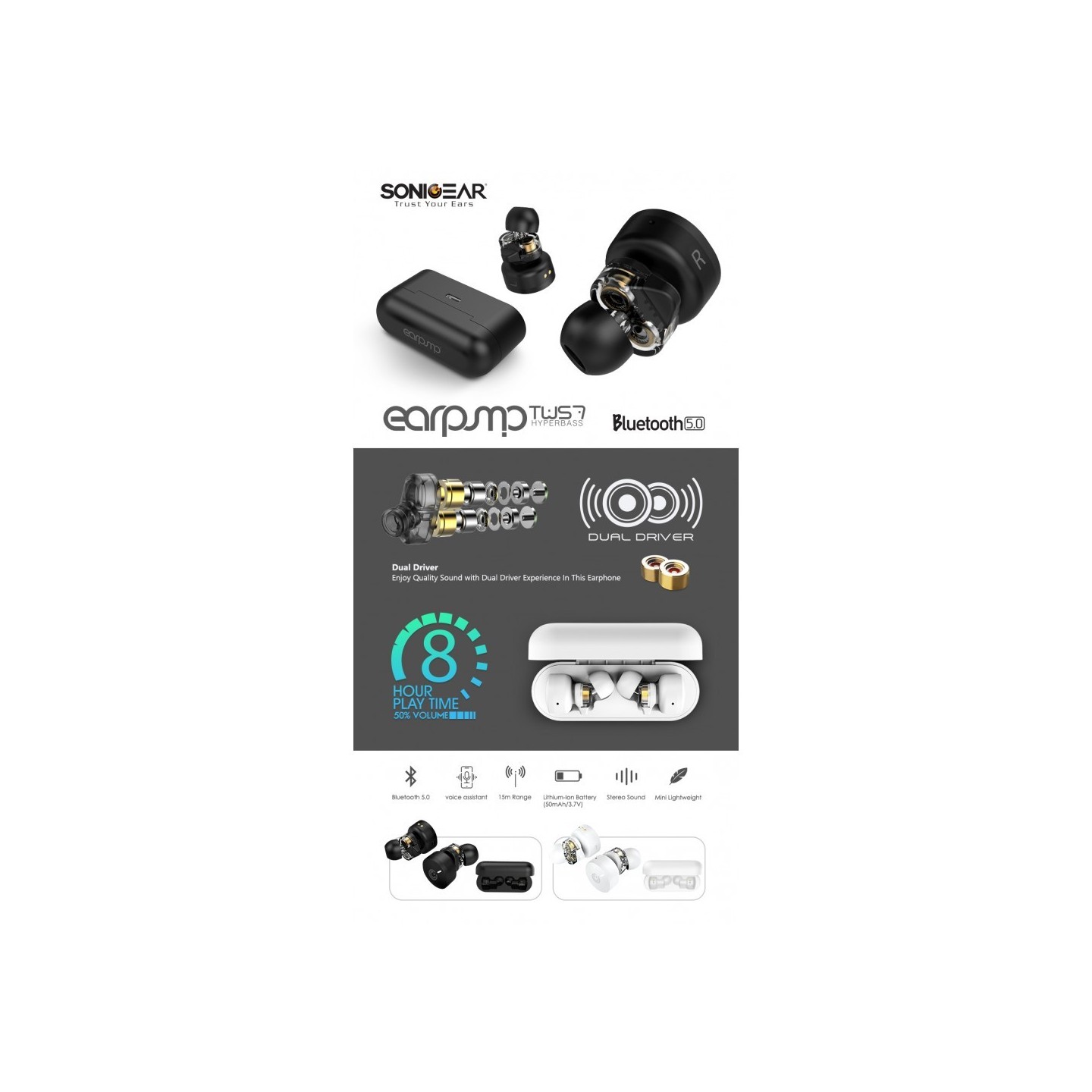 SonicGear HYPERBASS Earphones - TWS 7 - Dual Driver Sweatproof White — Buy in Cyprus with Fast Delivery