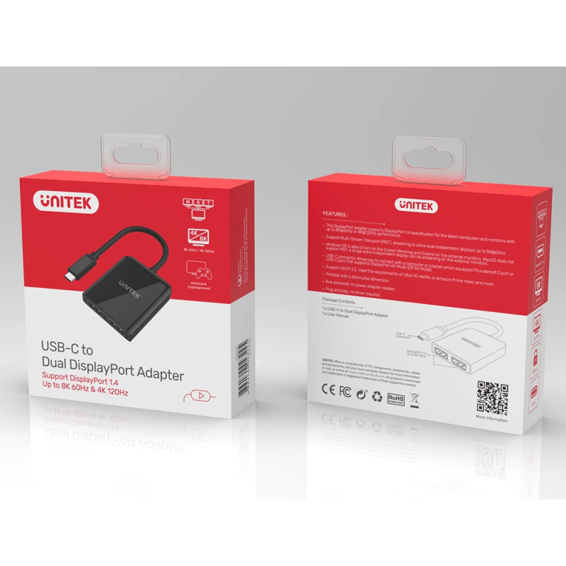 Buy Unitek V1407A Type-C To Dual DP 8K 60Hz Adapter with MST Dual Monitor in Cyprus, Nicosia, Limassol, Larnaka, Pafos