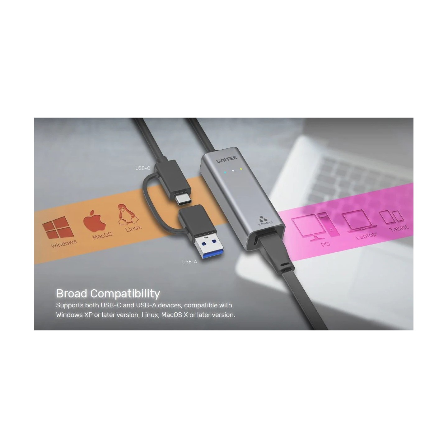 Unitek Converter USB-C to LAN Gigabit Ethernet+USB-A - Y-3465A - USB-C to LAN Gigabit Ethernet+USB-A