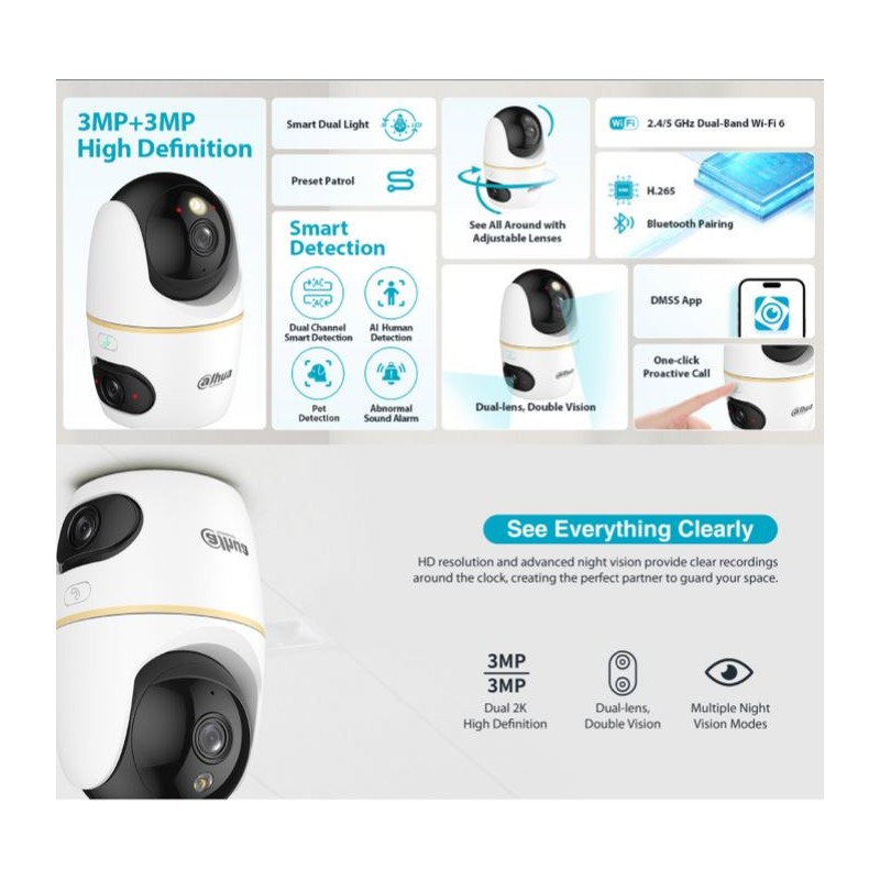 Buy Dahua IP Indoor 3.0MP Wi-Fi PT Dome - H3D-3F - Dual Lens in Cyprus, Nicosia, Limassol, Larnaka, Pafos