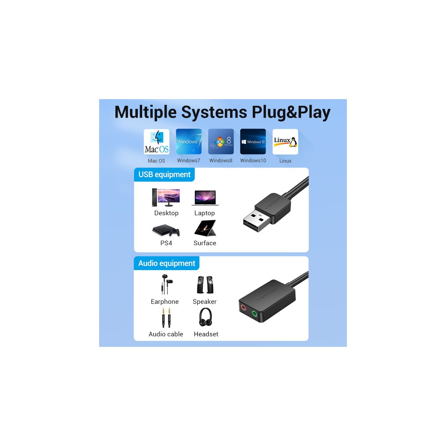 Vention Audio Converter - CDYBF - USB-A to 2x3.5mm 1.0m Cable — Buy in Cyprus with Fast Delivery