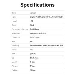 Buy Vention DisplayPort to HDMI Cable 4K30Hz 1.0m PVC - HFOBF - DisplayPort to H... in Cyprus, Nicosia, Limassol, Larnaka, Pafos