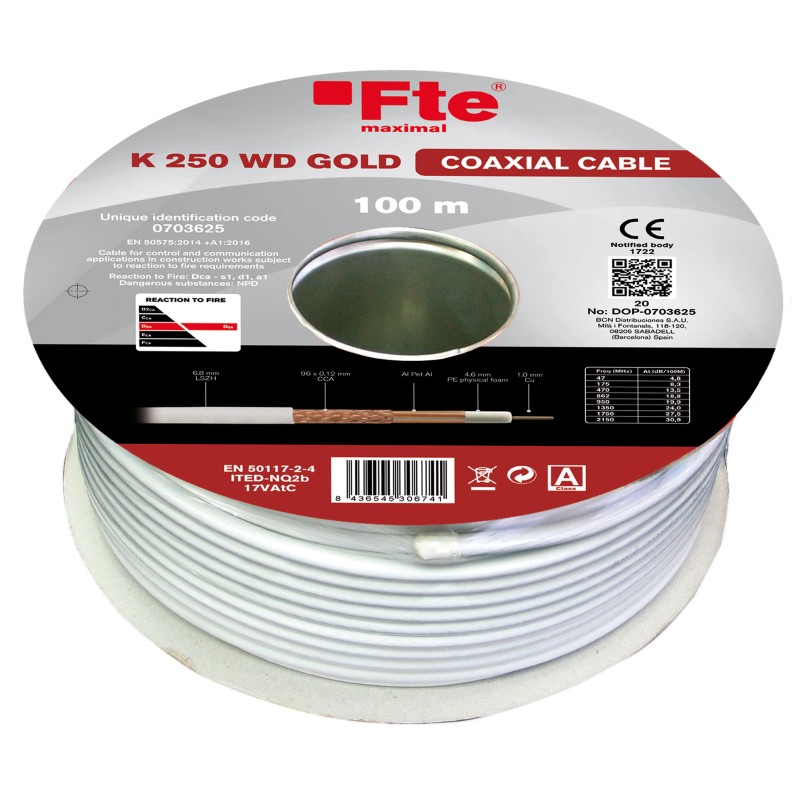 Buy FTE Coaxial RG6 Copper LSZH Cable 100m CPR Dca - K250WD - Gold in Cyprus, Nicosia, Limassol, Larnaka, Pafos