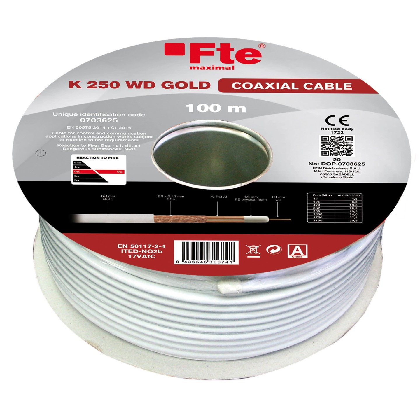 FTE Coaxial RG6 Copper LSZH Cable 100m CPR Dca - K250WD - Gold — Buy in Cyprus with Fast Delivery