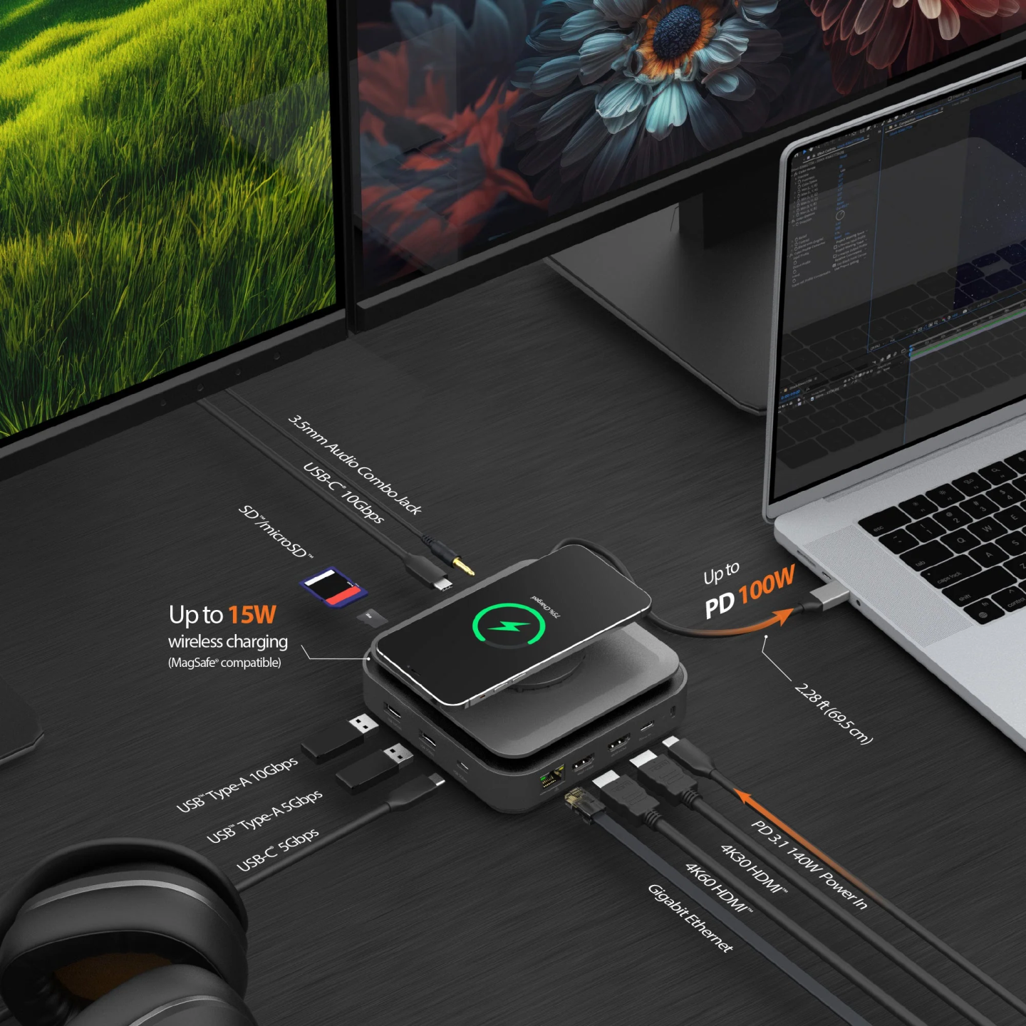 j5create Dock USB-C Dual Display 4K MST MacBookM3 HDMI RJ45 SD USB PD + Wireless Charger JCD3199