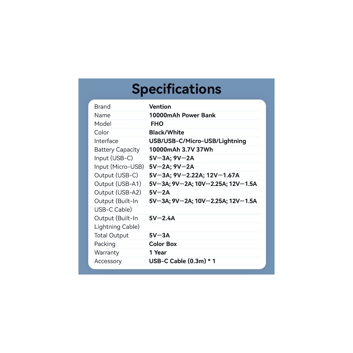 Vention Powerbank 10000mAh 22.5W Built-in USB-C+Lightning - FHOB0 - Black — Buy in Cyprus with Fast Delivery