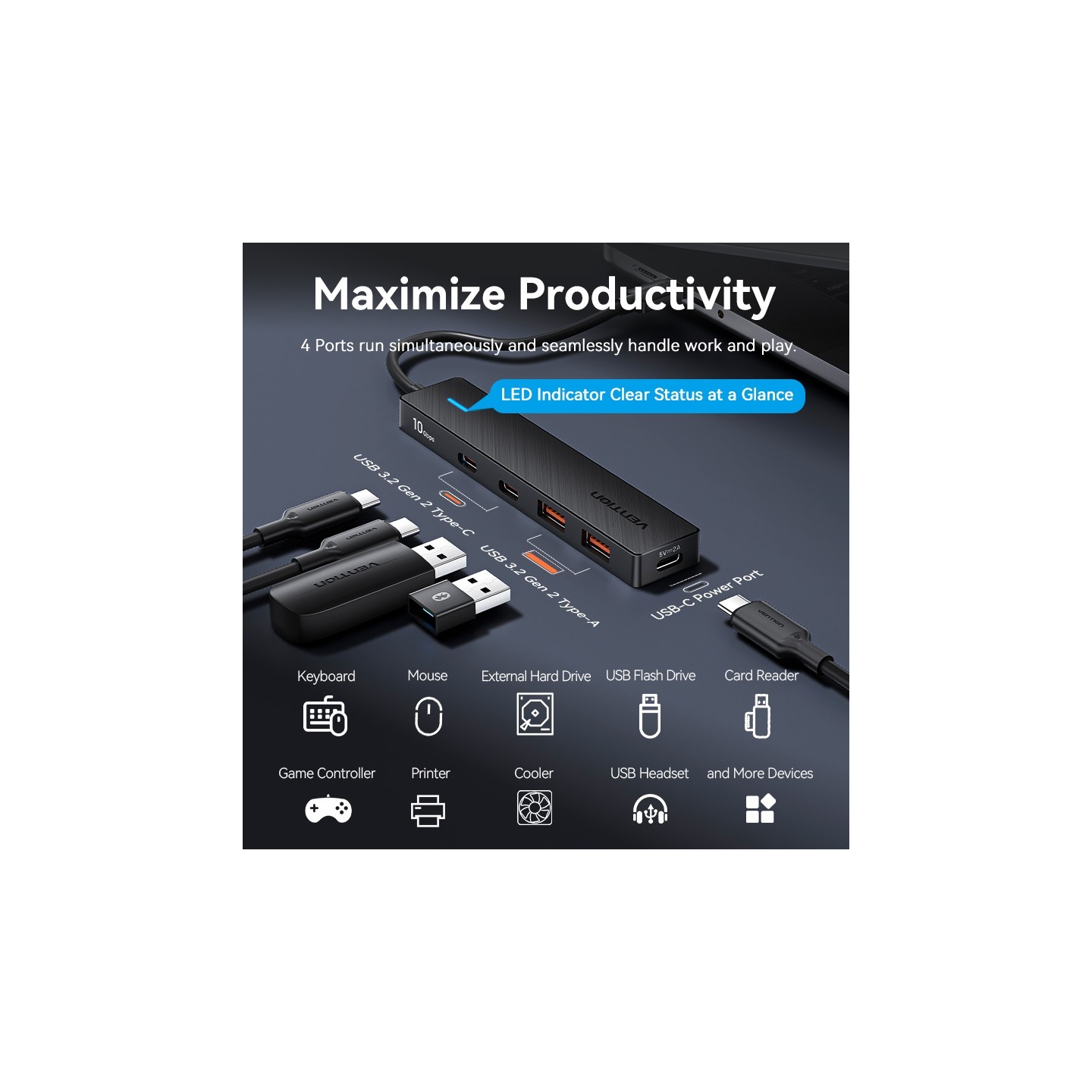 Vention IT HUB USB-C 2xA 2xC 3.2 Gen2 - CHYBB - USB-C 2xA 2xC 3.2 Gen2 + USBC Power Port — Buy in Cyprus with Fast Delivery