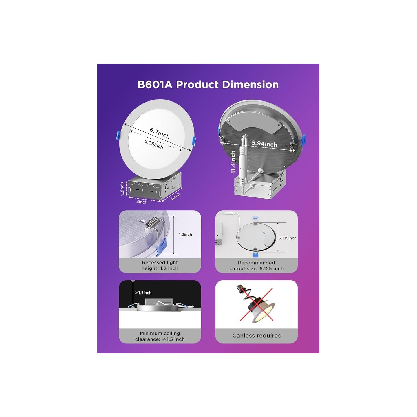 Govee Smart Recessed Lights - B601B - 4'' Wi-Fi & BT RGBWW 850 Lumen with Junction Box (2 Pack)