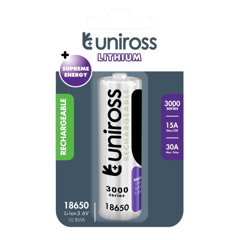 Buy Uniross Rechargeable 18650BT Lithium Battery 3000mAh - U1BT1830SP - Recharge... in Cyprus, Nicosia, Limassol, Larnaka, Pafos