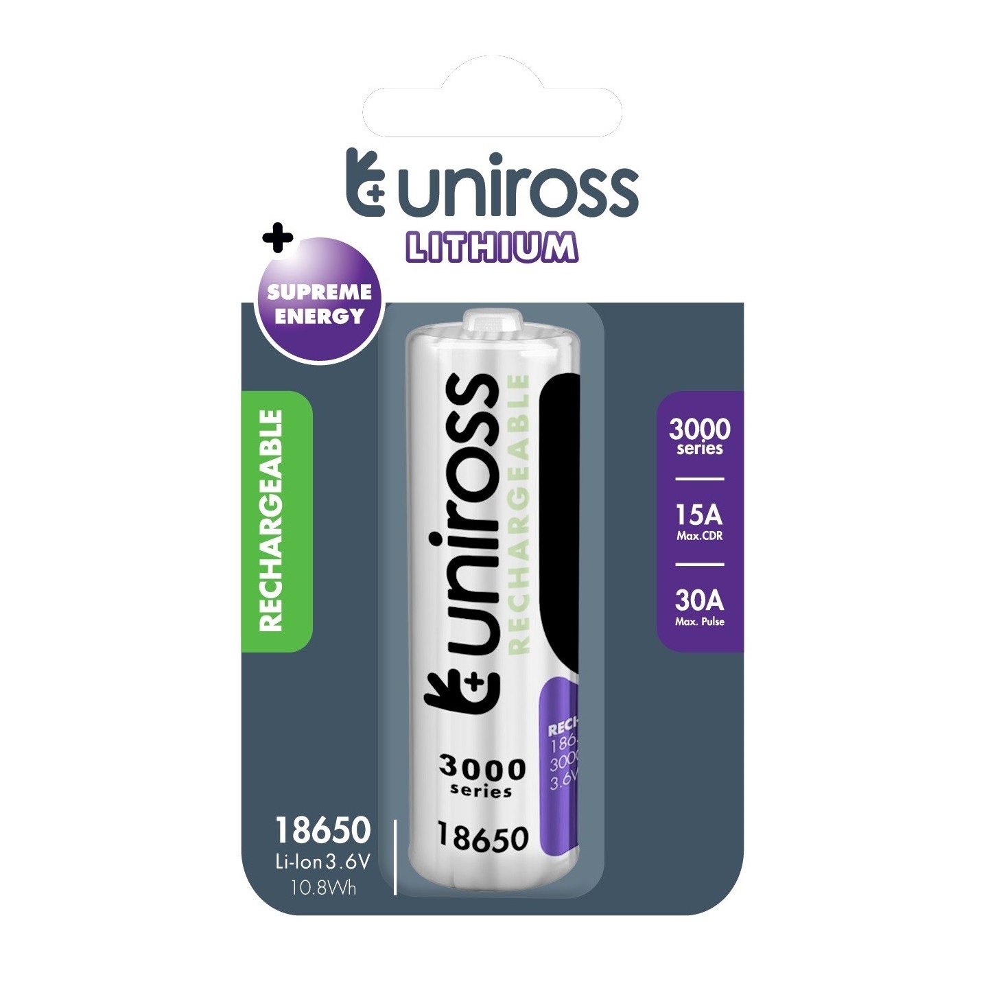 Uniross Rechargeable 18650BT Lithium Battery 3000mAh - U1BT1830SP - Rechargeable 18650BT Lithium Battery 3000mAh