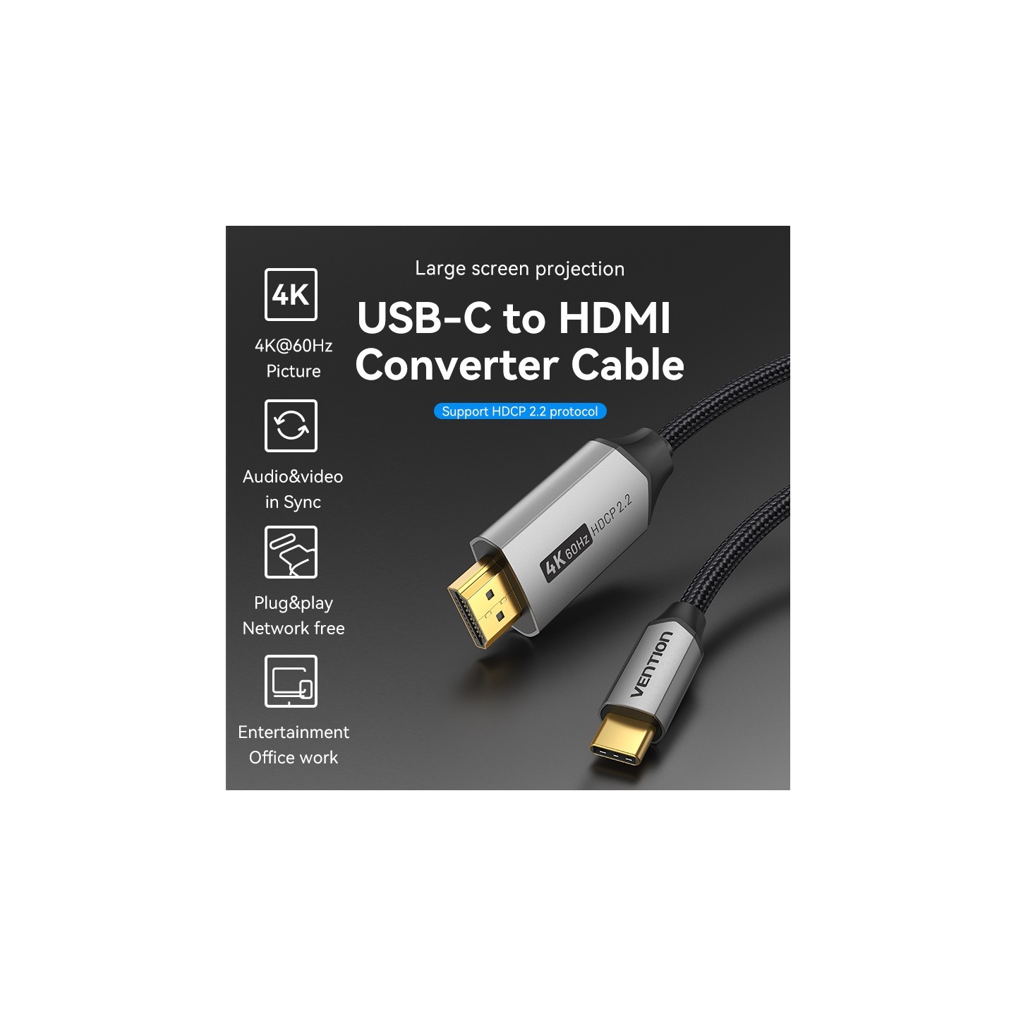 Vention USB-C to HDMI Converter Cable - CRBBF - Braided 4K60Hz 1.0m — Buy in Cyprus with Fast Delivery