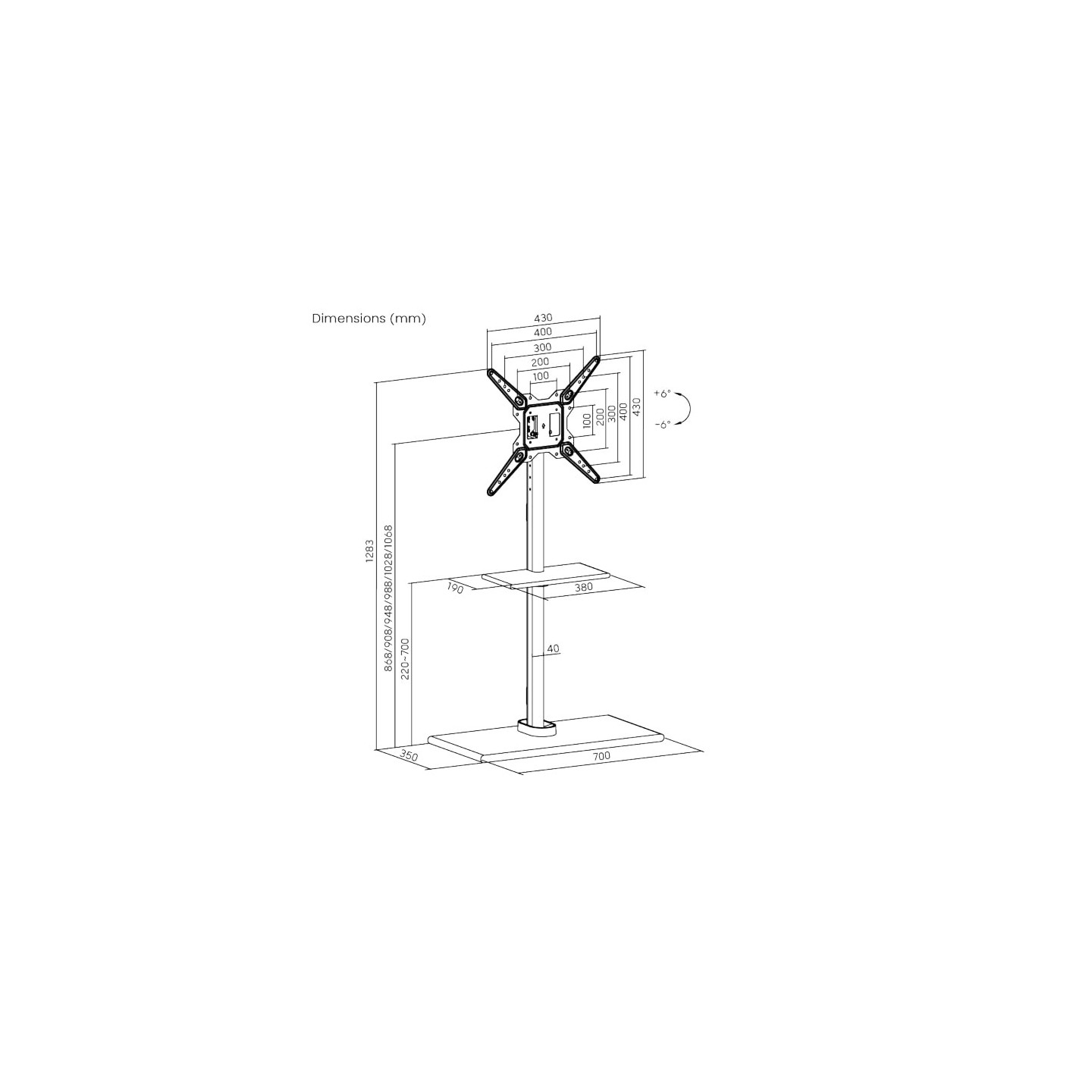 Brateck TV Floorstand 40x40 1.07m 35kg Shelf & MDF - FS41-44T-02 - 40x40, 1.07m, 35kg, Shelf & MDF