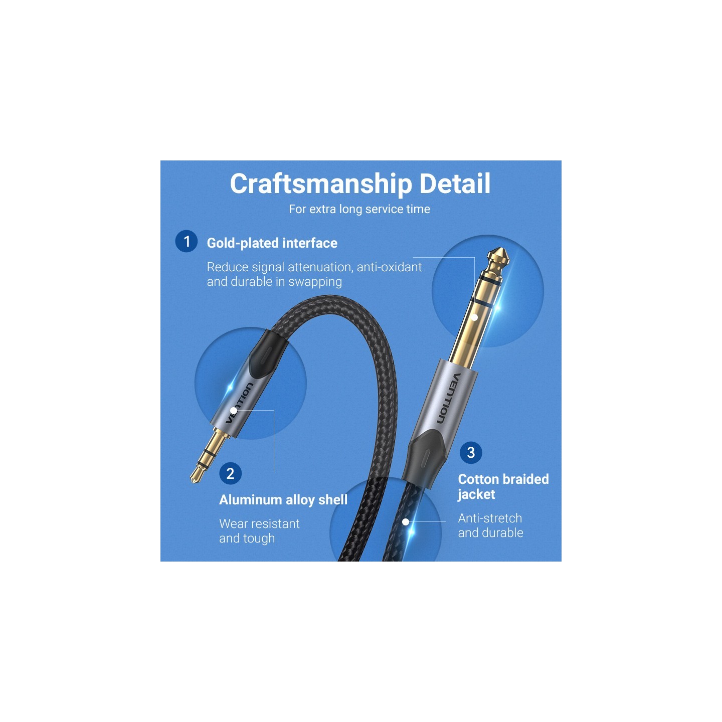 Vention AUDIO Cable - BAUHL - 3.5mm to 6.3mm M-M TRS Cable Braided Alum 10.0m — Buy in Cyprus with Fast Delivery