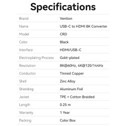 Buy Vention Converter USB-C to HDMI Adaptor - CRDBC - 0.25m 8K60Hz Metal in Cyprus, Nicosia, Limassol, Larnaka, Pafos