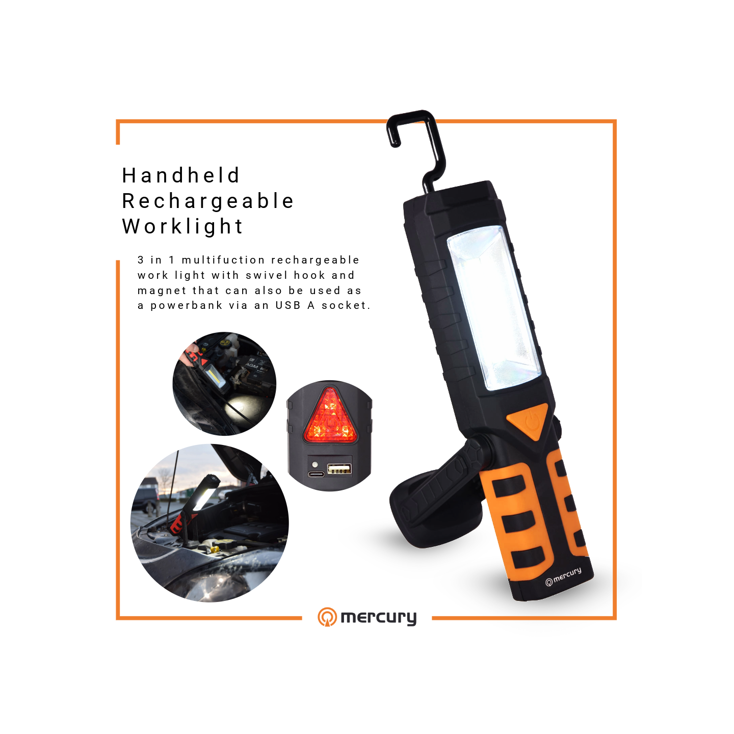 Mercury Handheld Worklight - 410.318UK - 3in1 Handheld Rechargeable Worklight, Powerbank Function, with Hook and Magnet