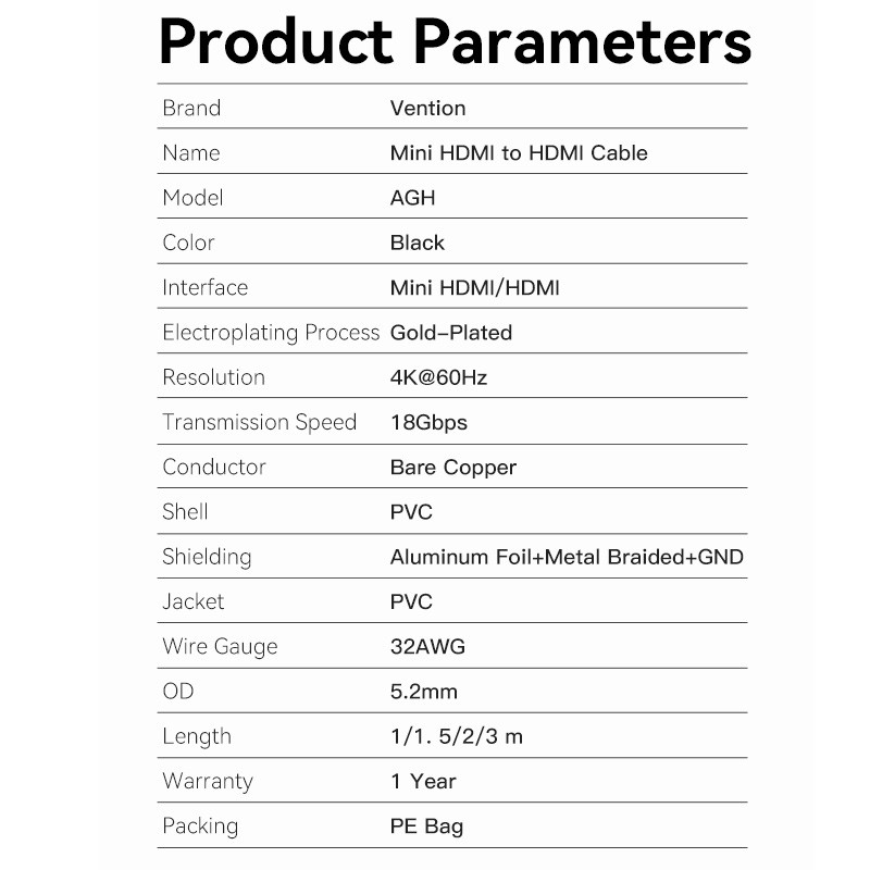 Buy Vention HDMI to HDMI Mini Cable 1.5m - AGHBG - HDMI to HDMI Mini Cable 1.5m in Cyprus, Nicosia, Limassol, Larnaka, Pafos
