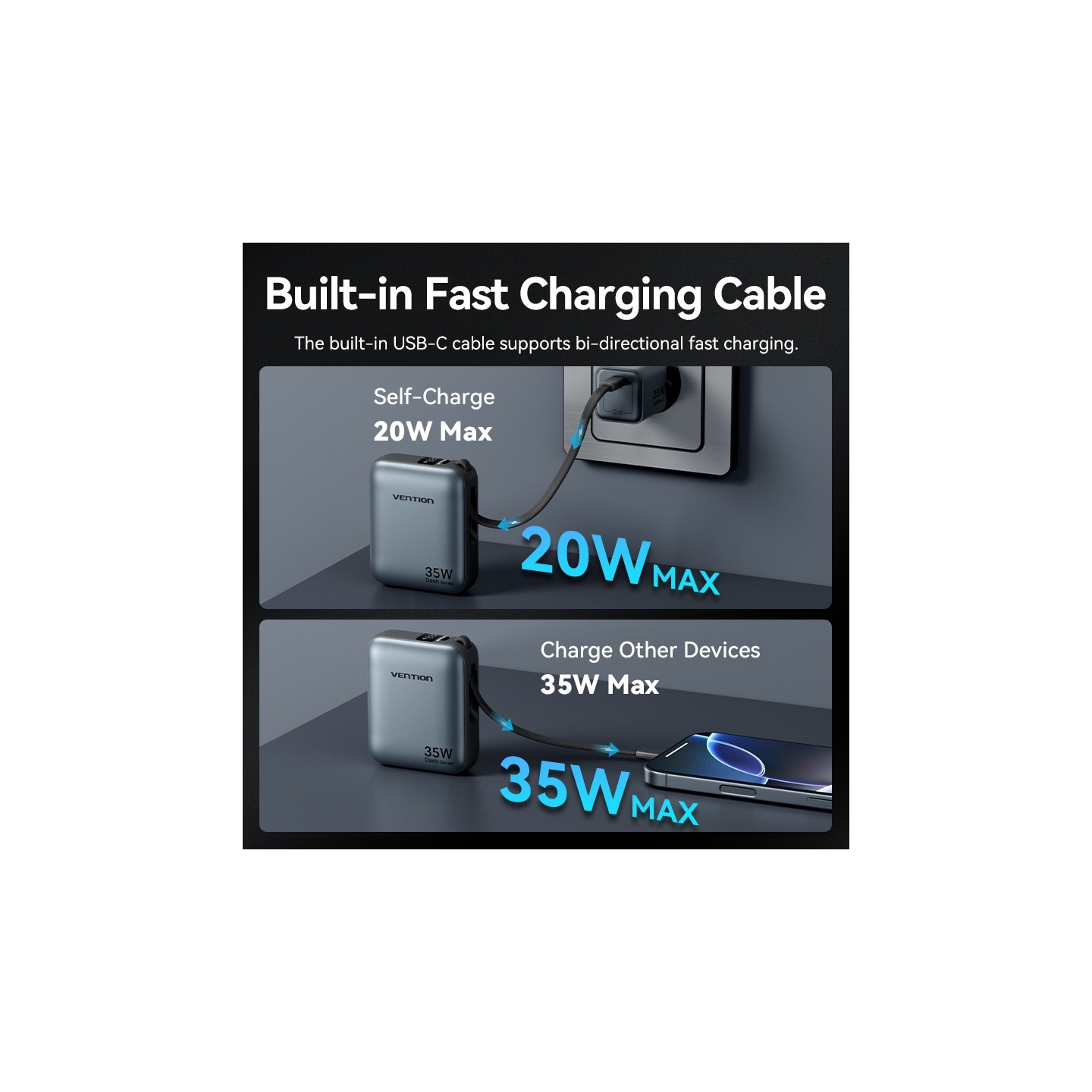 Vention Powerbank 10000mAh 35W Mini Size Built-in USBC Black - FHEH0 - 10000mAh 35W Mini Size Built-in USBC Black