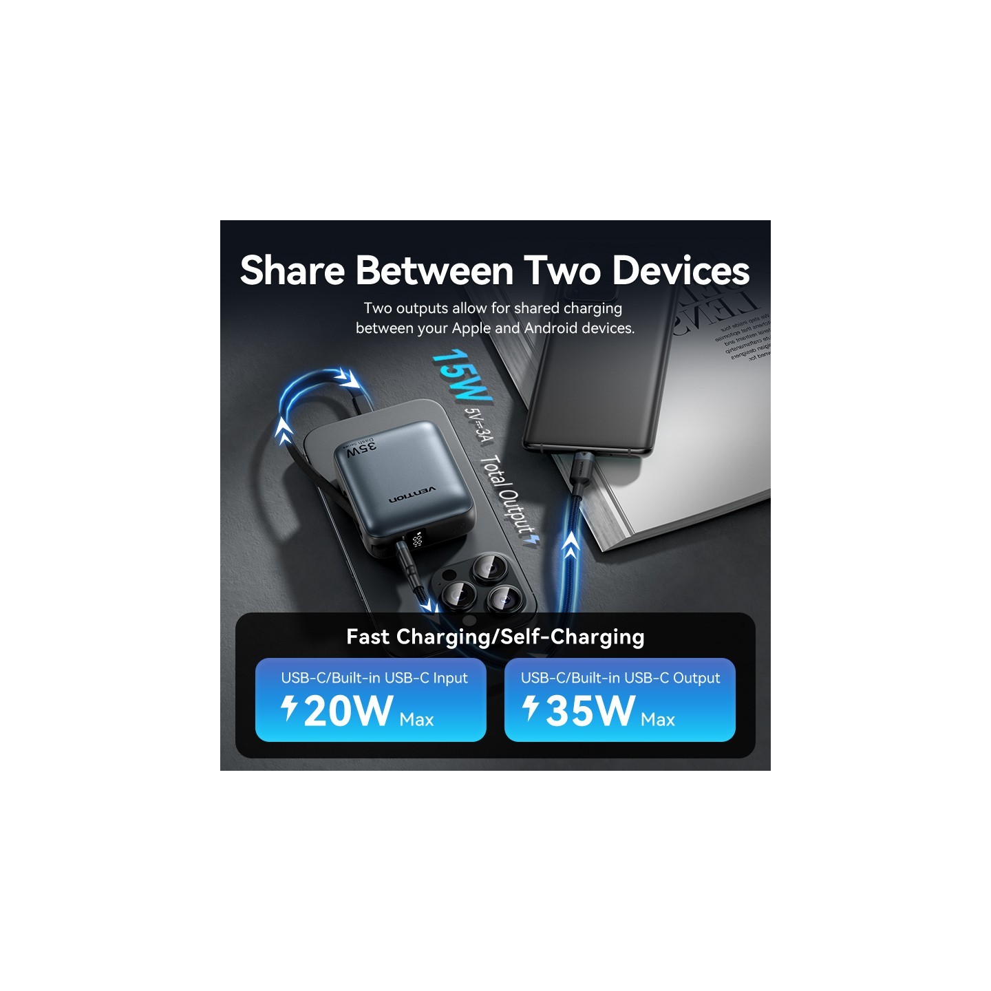 Vention Powerbank 10000mAh 35W Mini Size Built-in USBC Black - FHEH0 - 10000mAh 35W Mini Size Built-in USBC Black