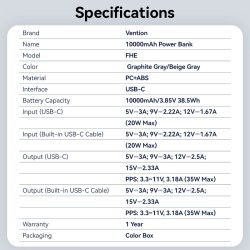 Buy Vention Powerbank 10000mAh 35W Mini Size Built-in USBC Black - FHEH0 - 10000... in Cyprus, Nicosia, Limassol, Larnaka, Pafos