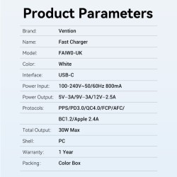 Buy Vention Charger Wall - FAIW0-UK - 30W 1xUSBC UK Plug White in Cyprus, Nicosia, Limassol, Larnaka, Pafos