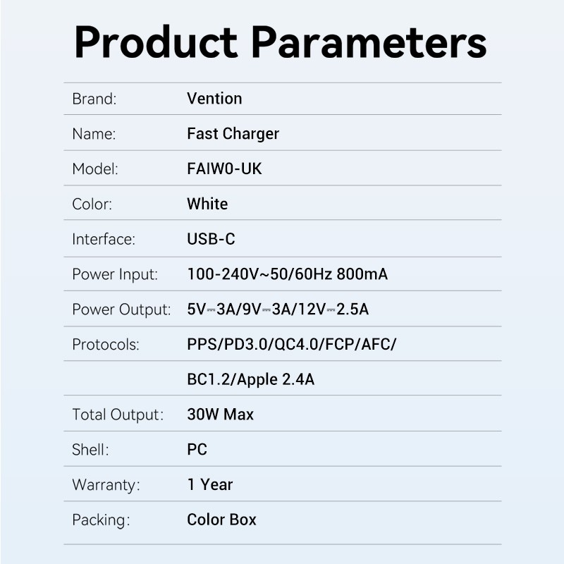 Buy Vention Charger Wall - FAIW0-UK - 30W 1xUSBC UK Plug White in Cyprus, Nicosia, Limassol, Larnaka, Pafos