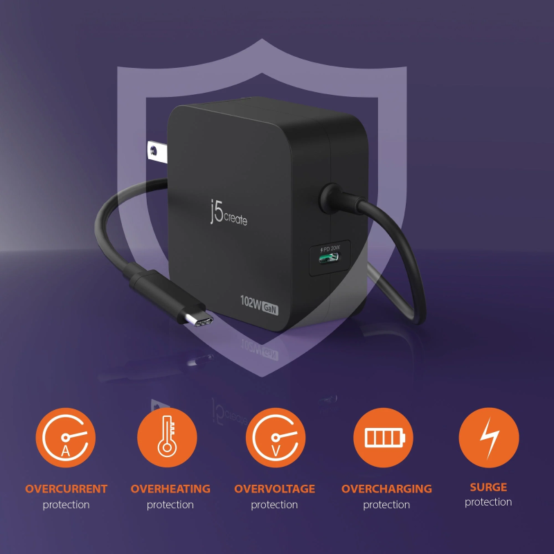 Buy j5create Charger - JUP25102V - Wall Travel 102W GaN 2xUSB-C + USB-C Cable in Cyprus, Nicosia, Limassol, Larnaka, Pafos